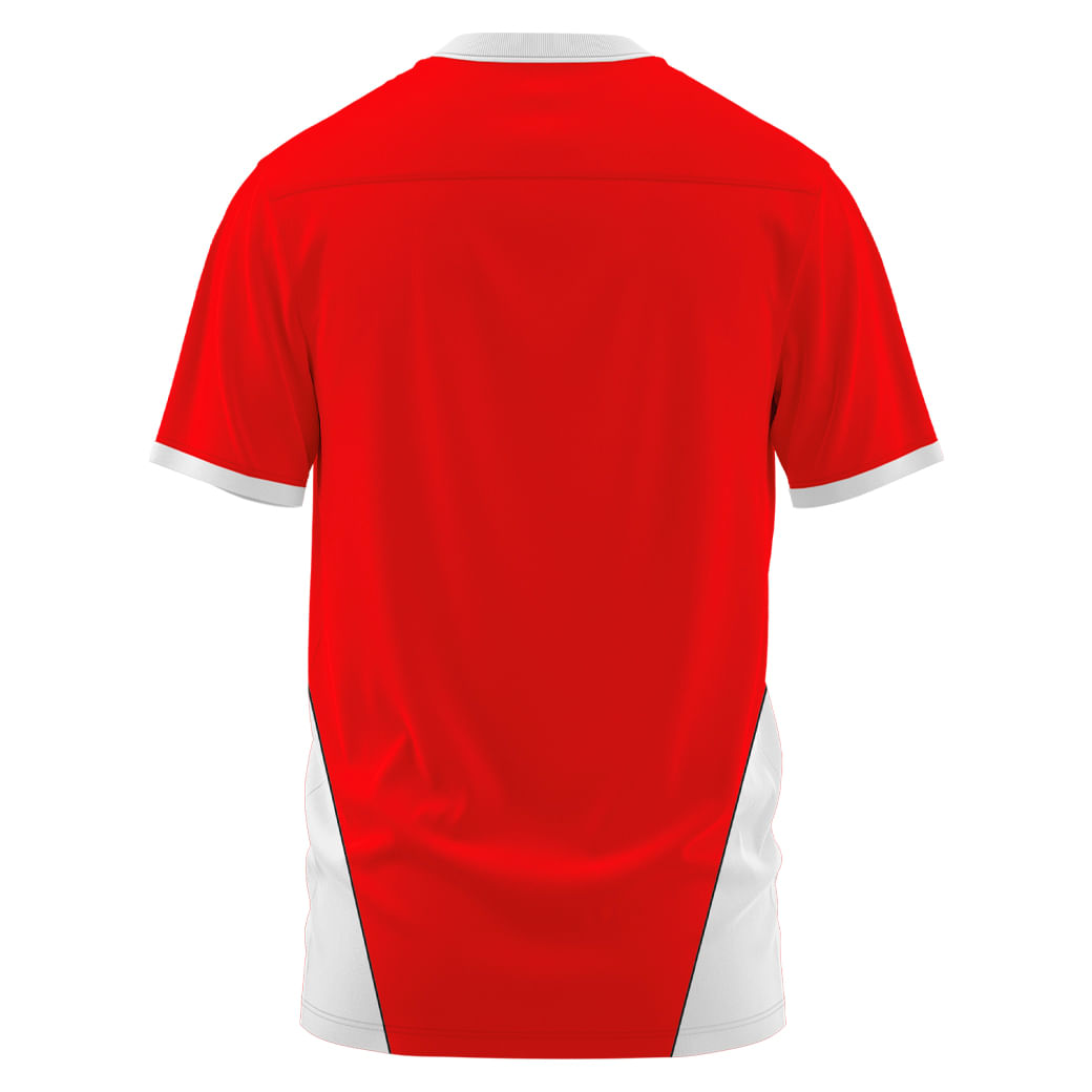 Detalhe da camiseta infantil Lotus Inter Layer vermelha mostrando tecido e acabamento